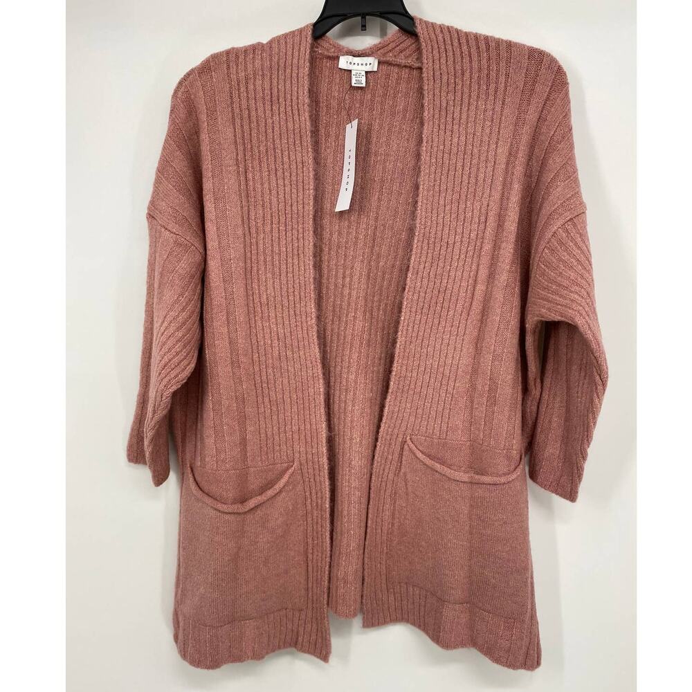 TopShop Womens Pink 3/4 Sleeve Pockets Open Knit Sweater NEW XS